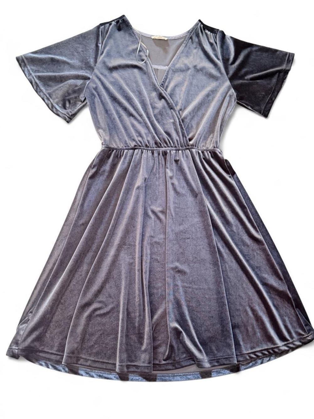 Crescent Navy Blue Velvet Midi Dress Surplice V-Neck Size M